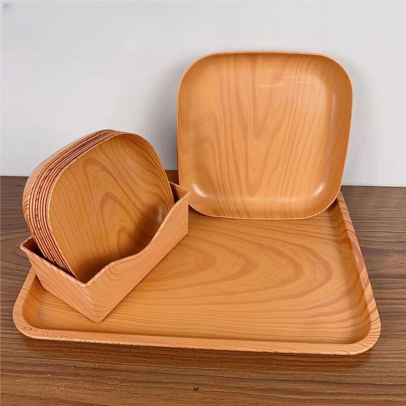 ZISIZ Creative Plastic Wood Grain Dining Tray and Plate Set