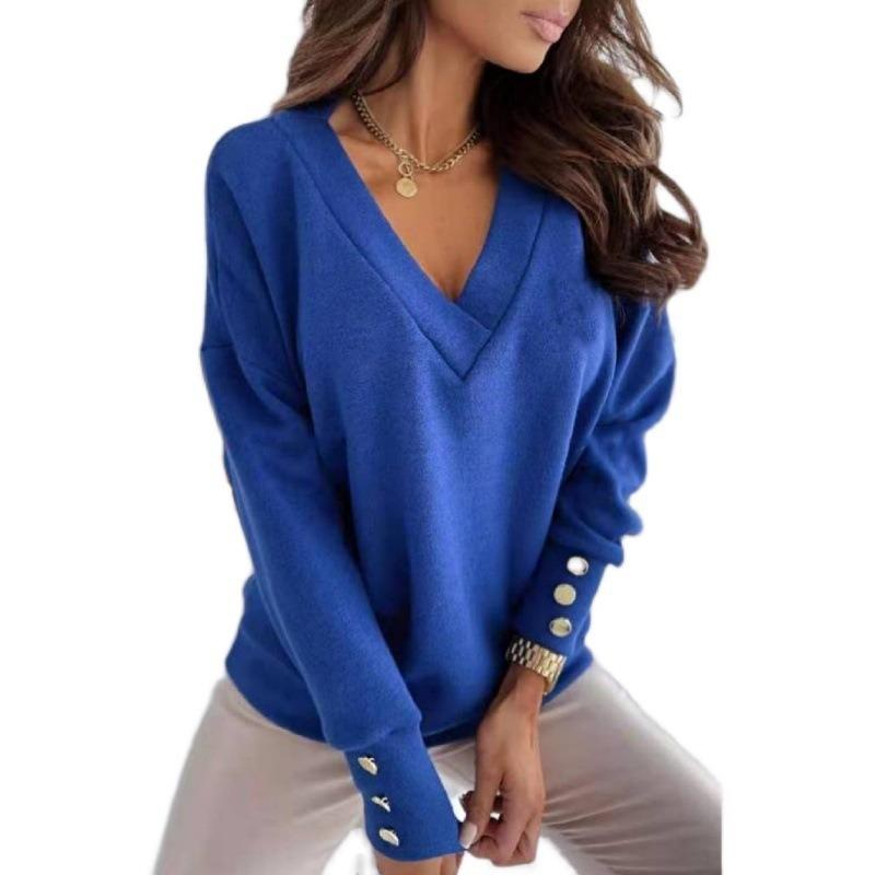 Fashion Knitted Women's Pure Soft Long-sleeved Knitted Women's Tops V-neck Pullover Office Women's Button Loose Casual Pullover Tops