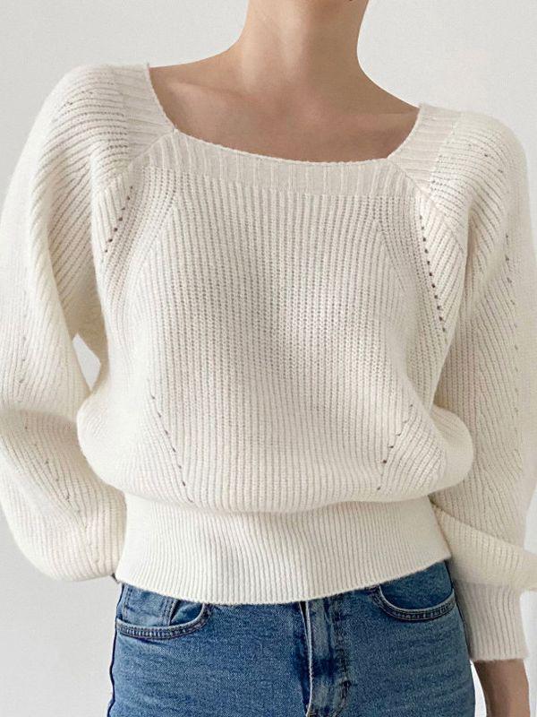 Women's Thick Knit Sweater: 2023 Autumn/Winter, Square Collar, Lantern Sleeves, Loose Fit.