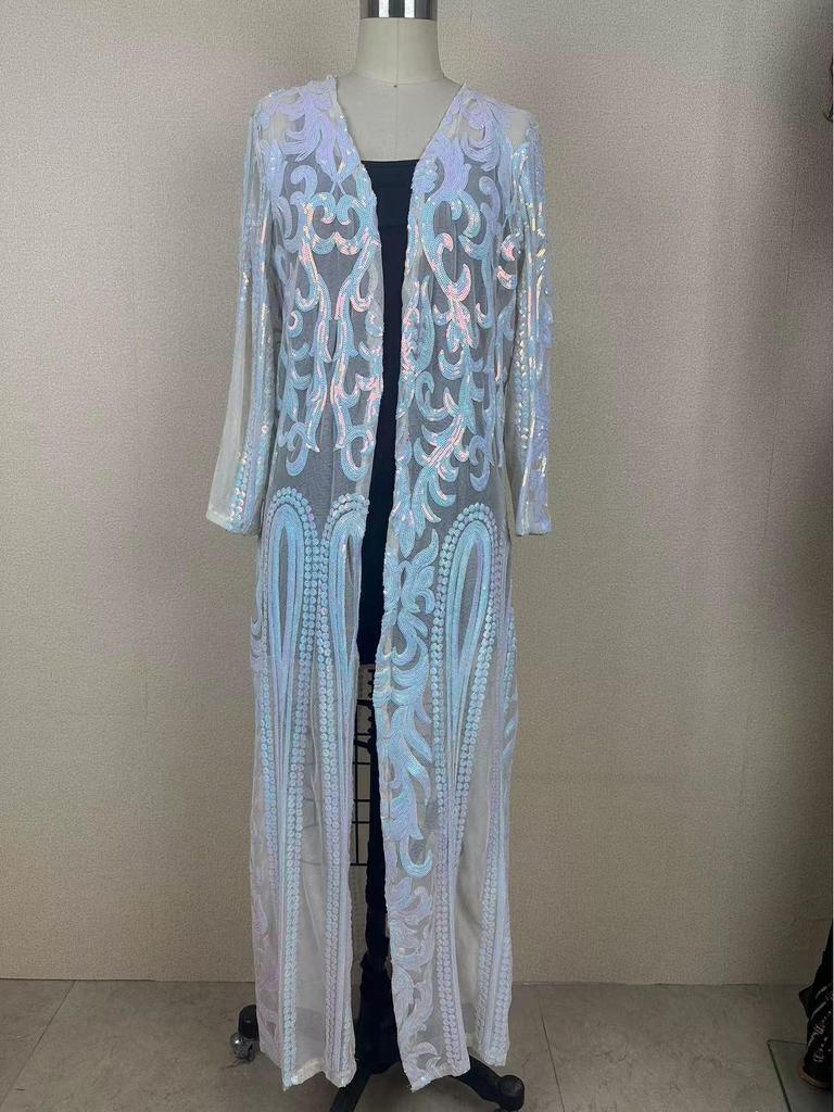 Europäischer & Amerikanischer Langarm Pailletten Mesh Perlen Cardigan