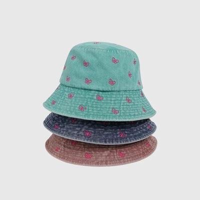 Korean Sweet Butterfly Embroidered Denim Fisherman Hat Women Wide Brim Show Face Small Spring Summer Sun Basin Bucket Hat