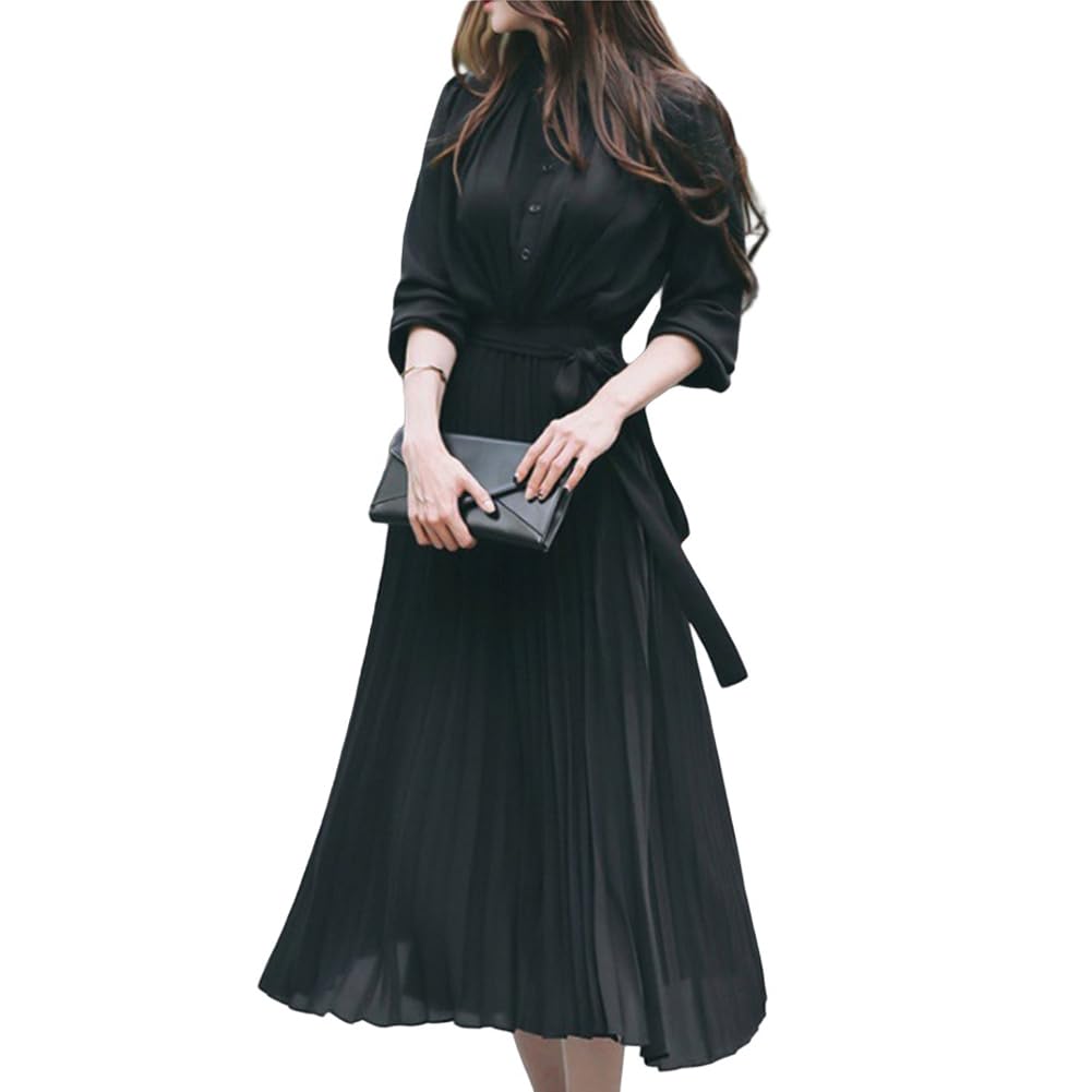 

Pleated Chiffon Long Long Perfect for and Fall [SDSXZWG] Dress, Women s Dress, Sleeves, Cute, Slimming, Stylish, Elegant, Dates, Commuting, Weddings, чёрный