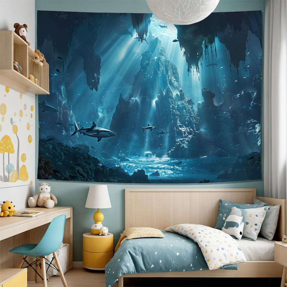 Underwater Fantasy Shark Canvas Wall Art Polyester Fiber Ocean Scene Decoration Living Room Bedroom Office Decorative Tapestry