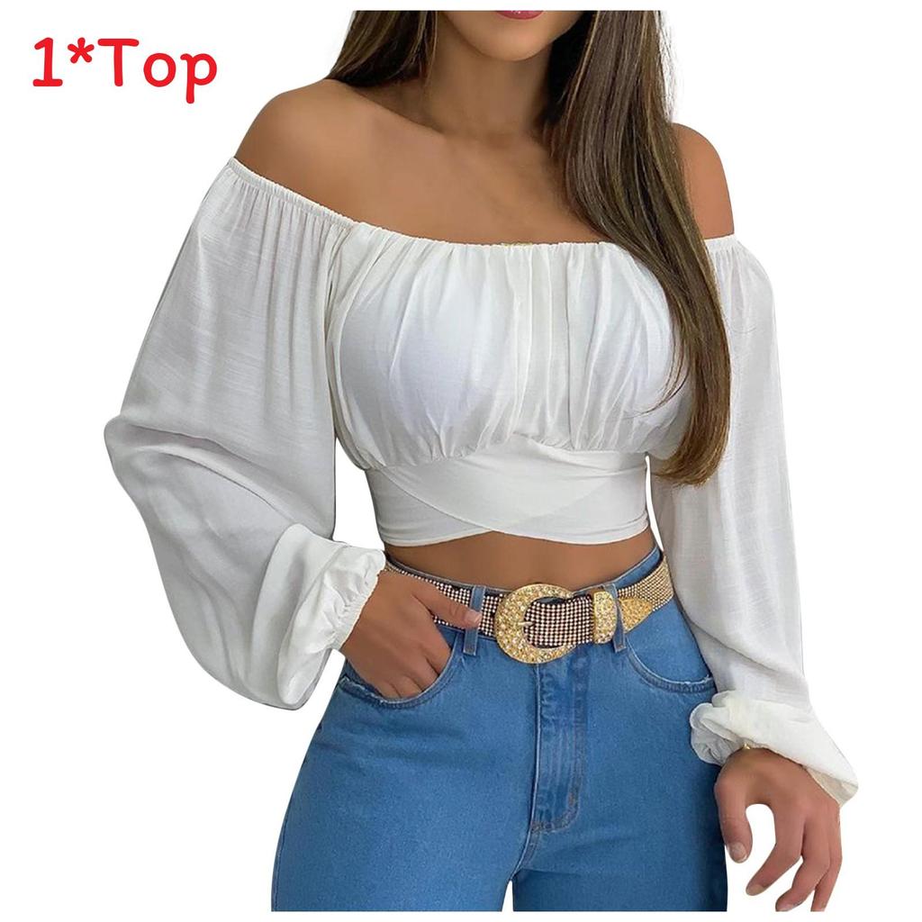 Spring Summer Womens Off Shoulder Cross Tie Long Sleeve Blouse For Casual Office Wear
