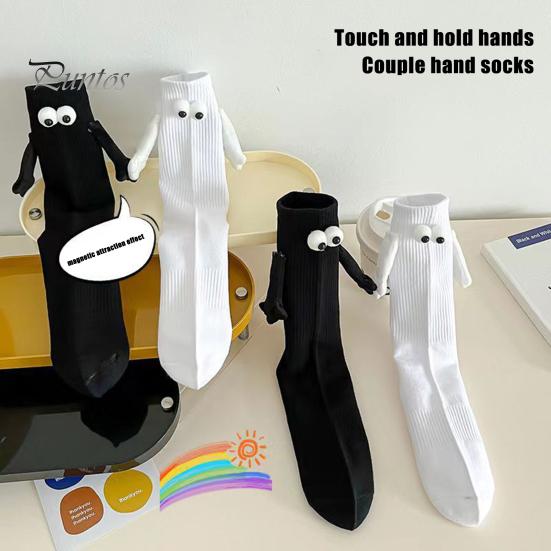1 Pair Cartoon Magnet Hand-linking Socks Knitted Color Matching Christmas Style Elastic Anti-slip Warm No Odor Festive New Year Mid-tube Socks