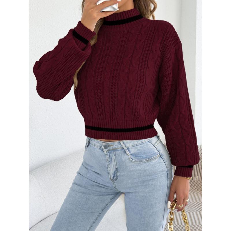 Women S Casual Color Block Half High Neck Waist Tightened Lantern Sleeve Sweater