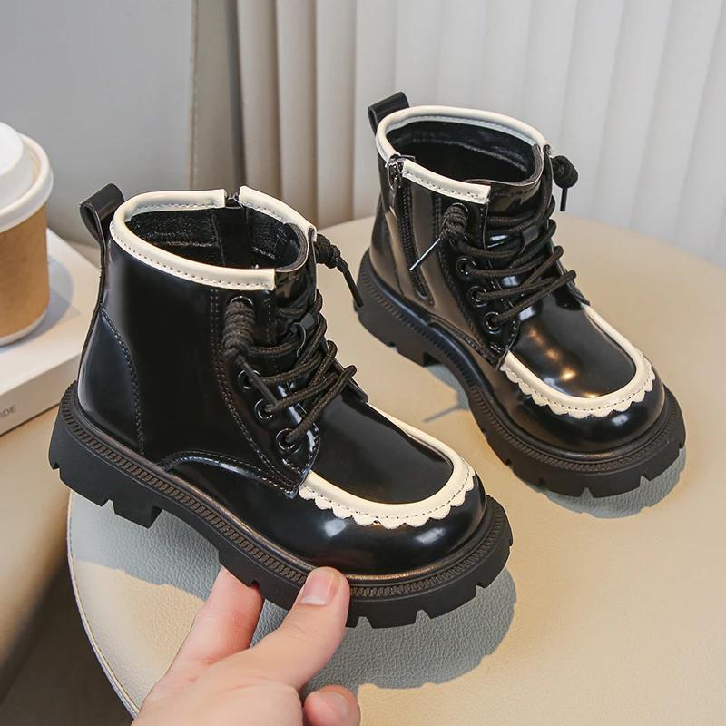Girls' Britain Style Leather Boots Kids Black Round-toe Thick Sole Retro 2024 Spring and Autumn New Children's Short Boots Chic