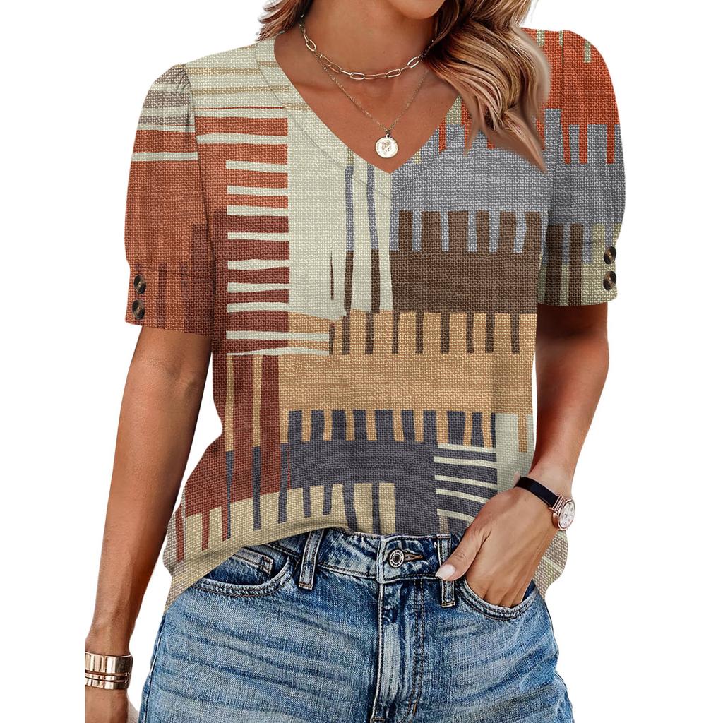 Tops Femininos Camisas de Manga Curta Botões Decote em V Roupas da Moda Blusas Casuais