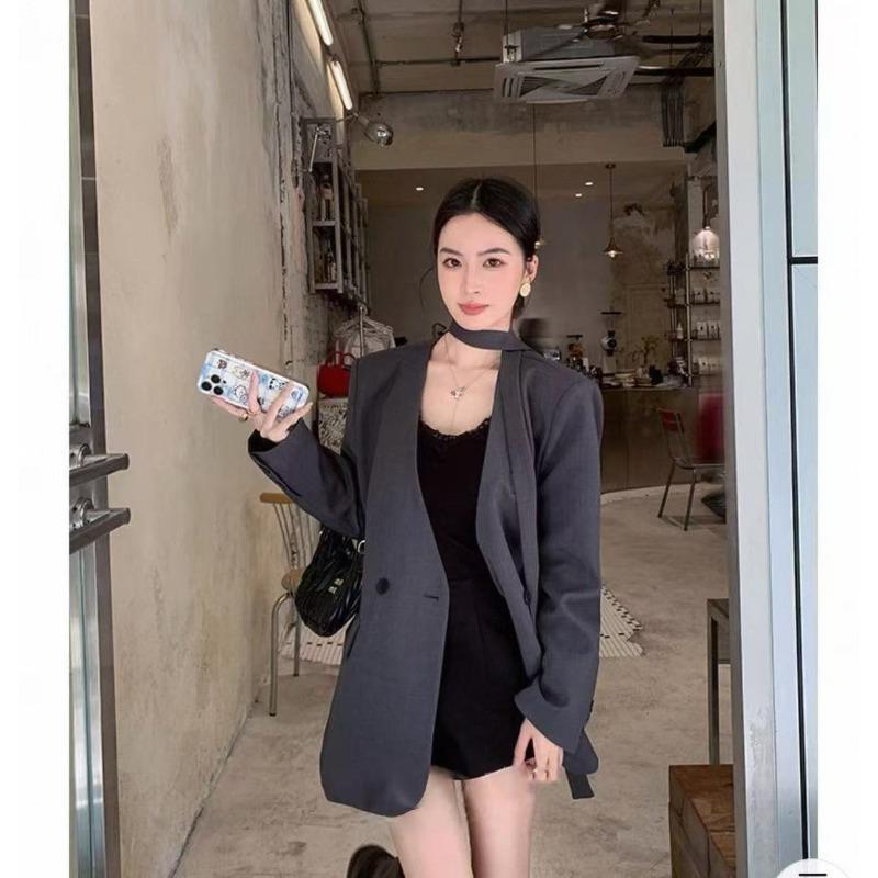 Elegant Belted Casual Blazer Women Spring Autumn Loose Fit Tied Sleeve Slimming Office Suit