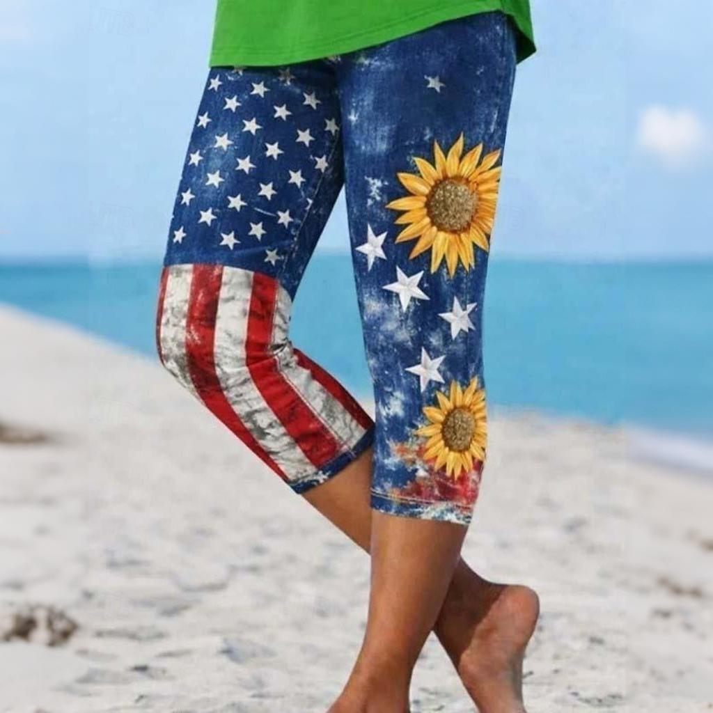 Damen Elastische Taille Capri-Leggings mit Sternenprint Dehnbar Schlanke Passform Sieben Achtellänge Lässige Strandhose für den Sommer