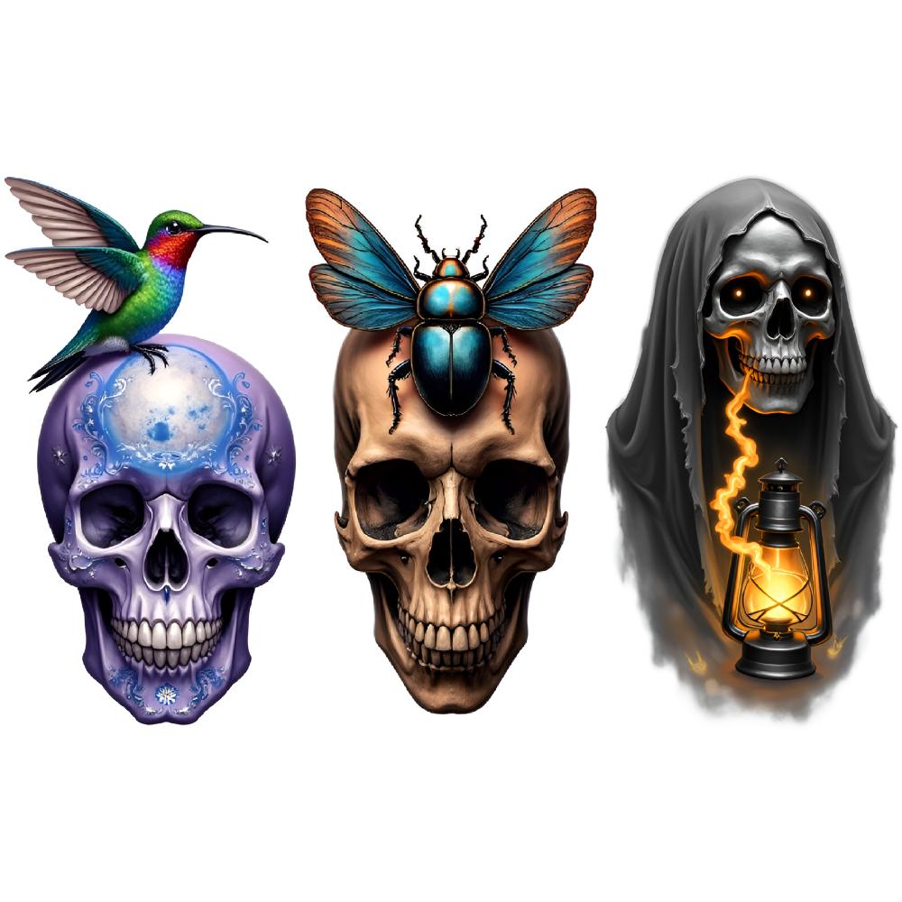 

3pcs Temporary Tattoo Purple Skull With Small Butterfly Realistic Temporary Tattoos Skull With Beetle Skull With Butterfly For