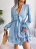 V Neck Solid Color Dress Waist Hugging  Elegant Fungus Dress for Women Long Sleeve Loose Dresses Causal Dress