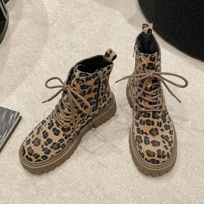 Shoes for Women 2025 Lace Up Zipper Casual Lady Fashion Boots Winter Round Toe Mixed Colors Leopard Chunky Heels Plus Size Boots