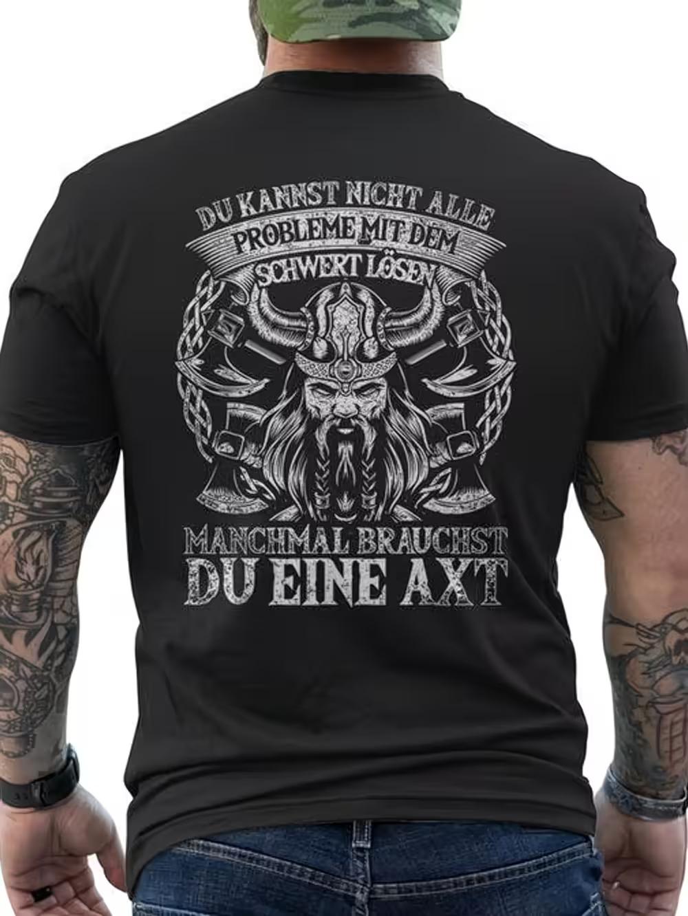 For Viking Norse Mythology T-Shirt - Showcasing a Heavy Metal Inspired German Font And a Design of a Horned for Viking Helmet XXXXL