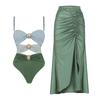 1011 European and American New Gold Round Buckle Decorative Three-color Hollow Splicing One-piece Swimsuit Women's Suit