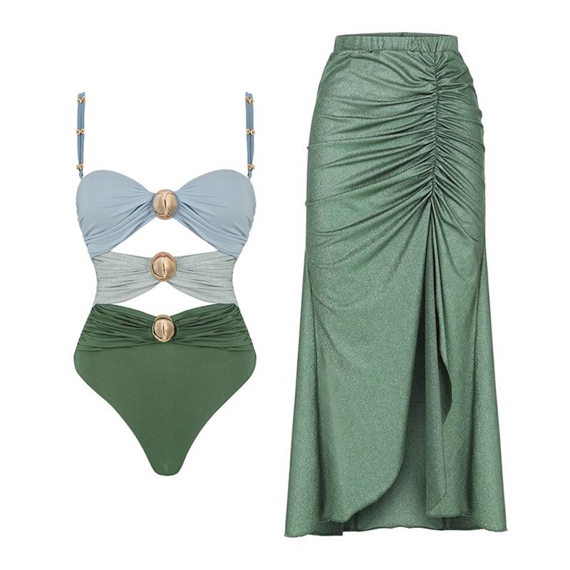1011 European and American New Gold Round Buckle Decorative Three-color Hollow Splicing One-piece Swimsuit Women's Suit