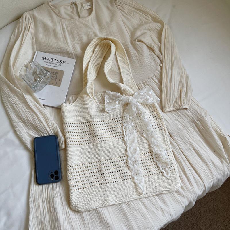 Yogodlns Summer Beach Tote Bag Women New Fashion Hollow Out Weave Shoulder Bags Female Lace Decorate Handbags