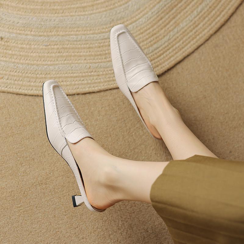 2024 New Summer Real Leather High Heels Half Slippers Women Square Toe Slip on Mules Ladies Fashion Dress Slides Shoes Female