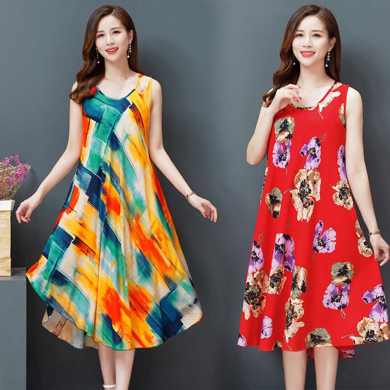 Etnický styl nadměrné velikosti bez rukávů bavlněná a lněná áčková sukně - Letní vestové šaty pro ženy s retro potiskem