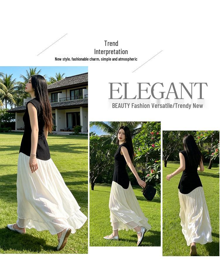 Korean Casual Sleeveless Color Block Mesh Maxi Dress - Women's Summer Slimming Style