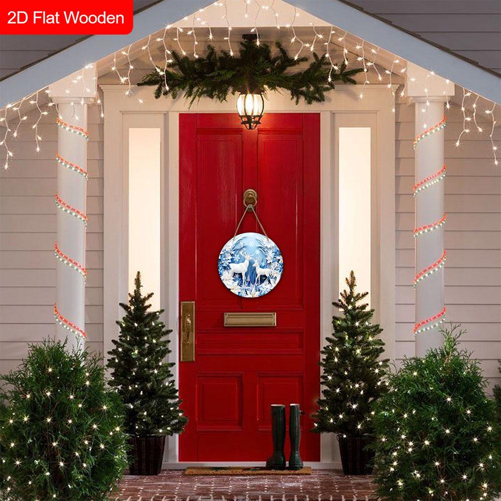 Warm Winter Wooden Christmas Sign with White Elk Pattern - Navidad Round Sign for Balcony, Front Door, Wall Hanging Decor - Ideal Christmas Decoration