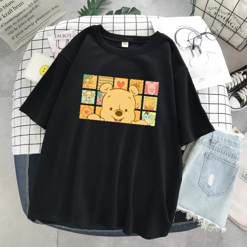 MINISO Winnie Disney Women Men Tshirts Pooh Bear Cartoon Kawaii Tops Fashion Oversized Clothing Short Sleeve Hotselling Top