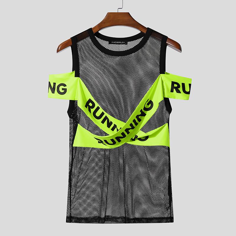 

INCERUN Мужские футболки с открытыми плечами, с перекрещенными лямками с надписями спереди, сетчатые, прозрачные, повседневные, облегающие 5XL зелёный