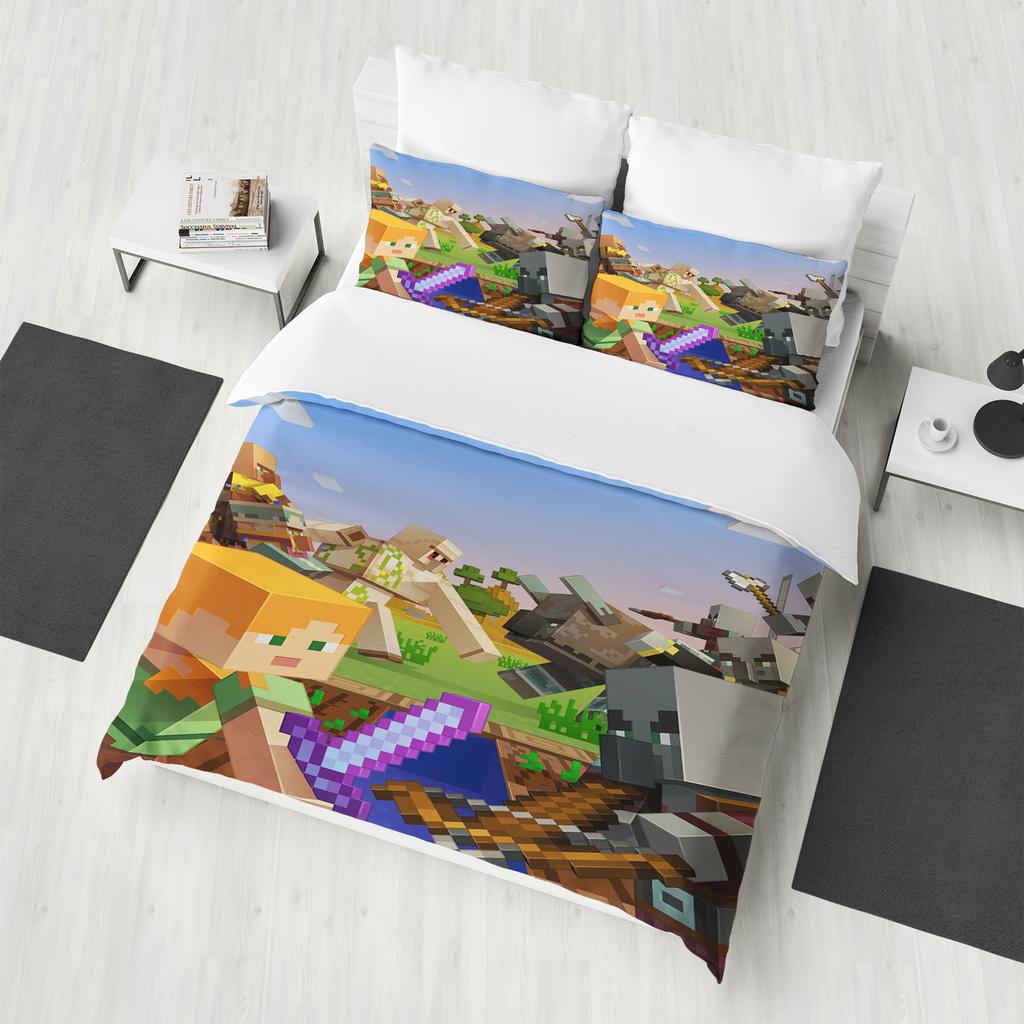 M-Minecraft 100% PolyesterAnime Printed Bedding Set Duvet Cover Queen Cotton Cute Printed Cartoon Quilt Cover