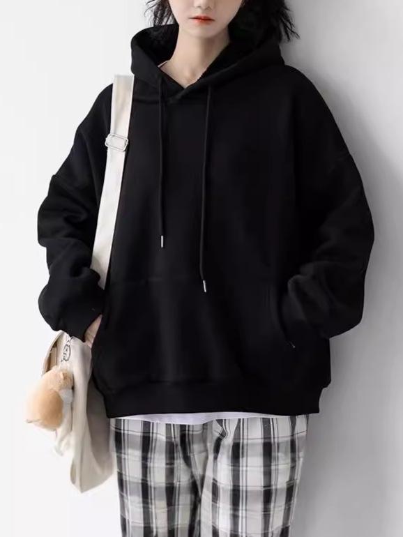 Black Solid Color Hooded Sweatshirt for Women - Korean Style, Loose Fit, Casual, Versatile, Plus Velvet Jacket for Autumn/Winter.