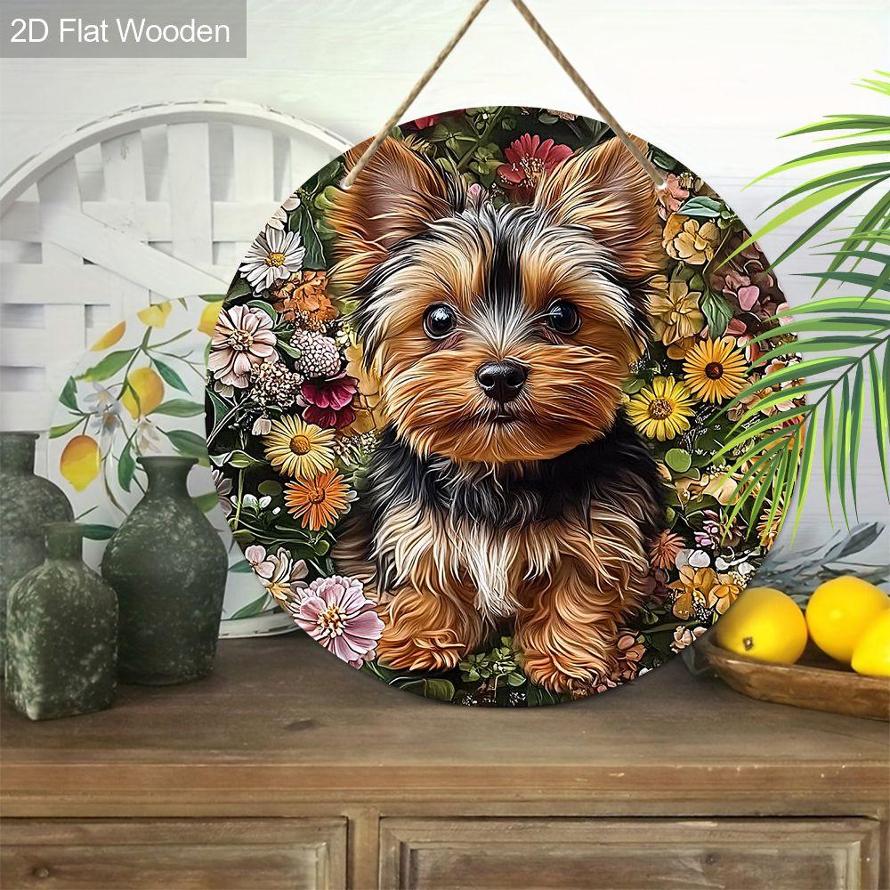 2D flat hanging decorative signs,interior wall or door decoration,garden Dec,the pattern is a dog and daisy flowers,housewarming gift for friends