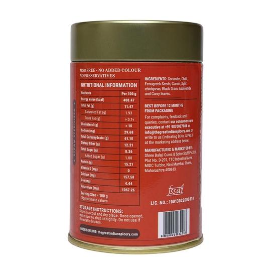 The Great Indian Spicery | Sambhar Masala - 100gm Tin | Steam Sterilisation, Farm Fresh, Authentic Blend of 8 Spices, Non-Adulterated