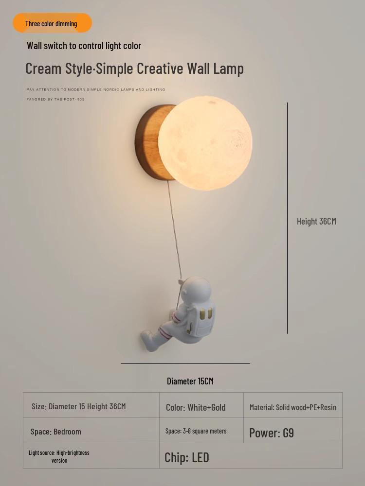 Nordic Moon Astronaut Wall Light for Kids' Rooms - Creative Cartoon Bedside Lamp for Boys and Girls.