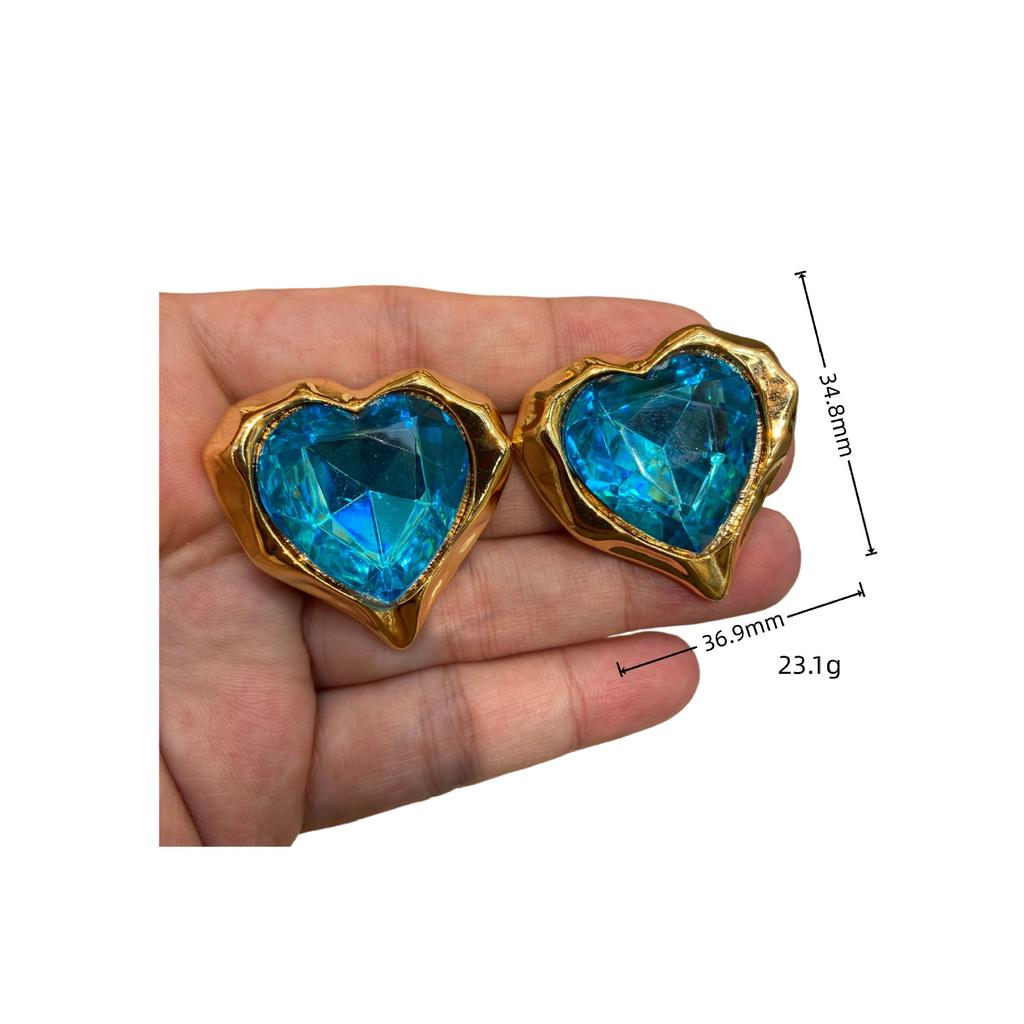 Medieval Western Pink Yellow And Blue Love Gem Diamond Stud Earrings Copper Plated Real Gold Retro Court Earrings Women