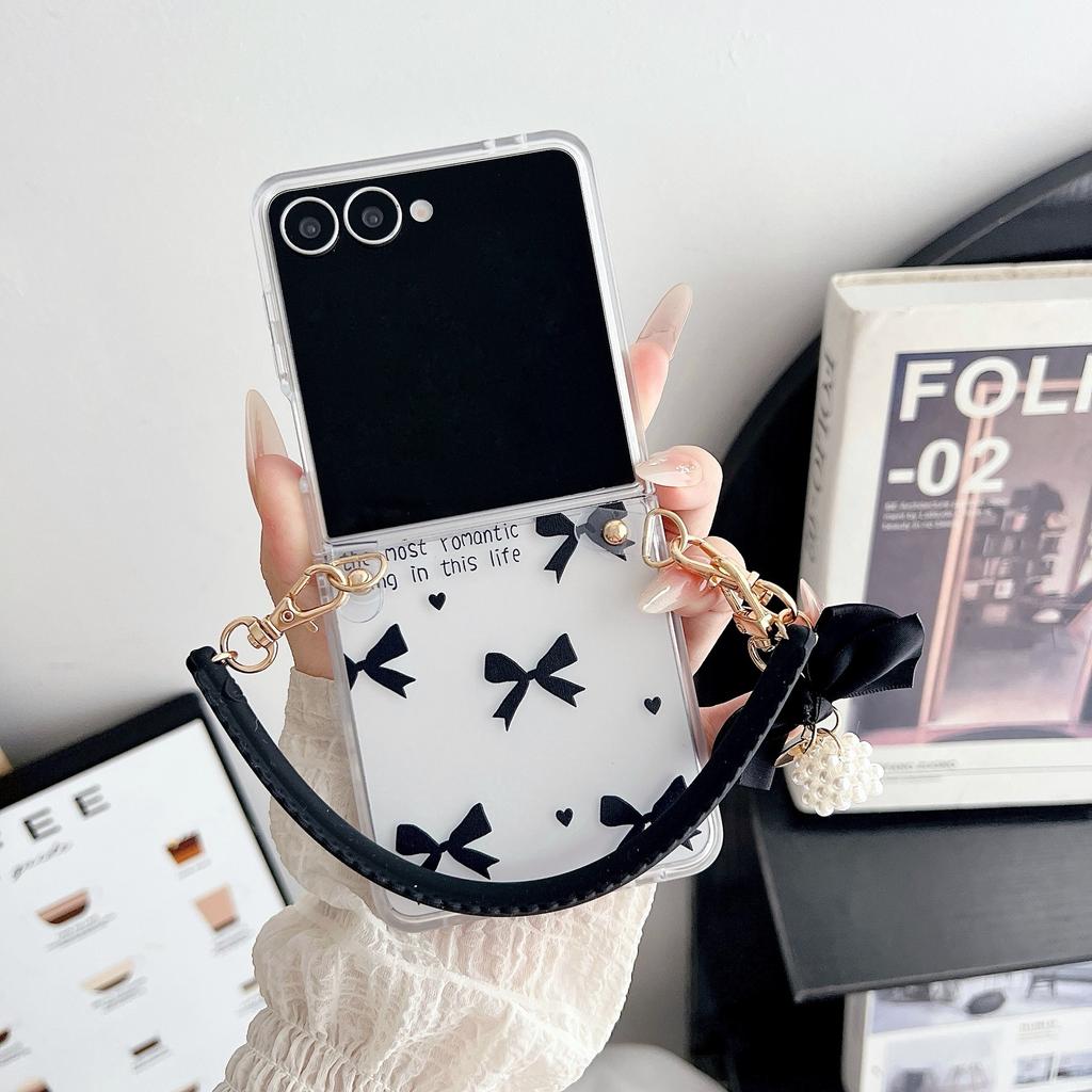 Applicable to Samsung ZFlip7/6 transparent mobile phone case ZFlip5 folding screen 4 lanyard 3 bow anti-drop protective case
