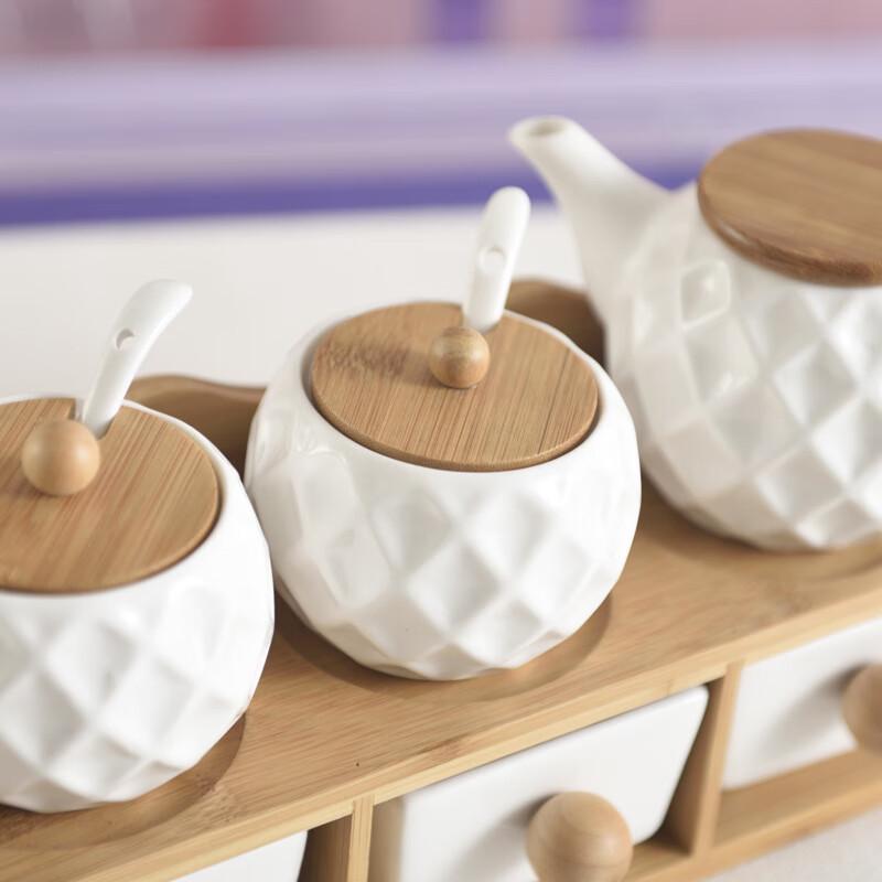 LISM Diamond Series Ceramic Condiment Jars with Bamboo Rack (8-piece set)