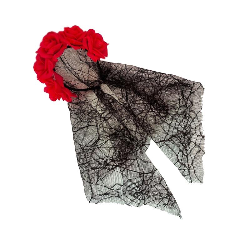 1PCS Black Veil Halloween Rose Flower Headband Costume Cosplay Wedding Mexican Rose Flower Crown Headband Day of The Dead Party