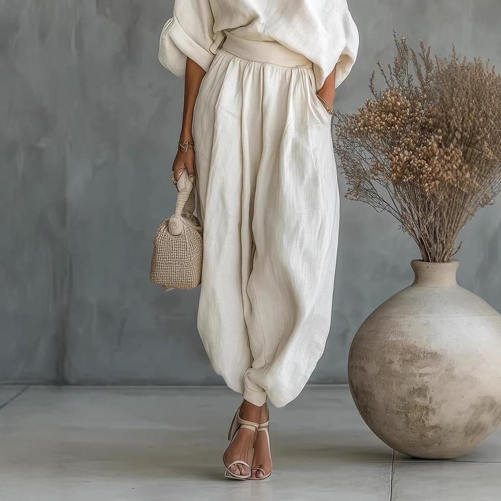 2026 European Spring Solid Color Off-the-Shoulder T-shirt Pocket Casual Loose Two-Piece Set