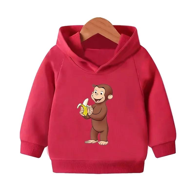 Curious George Cute Monkey Print Funny Kids Hooded Hoodies Girls Clothes Children Sweatshirts Autumn Baby Pullover Tops