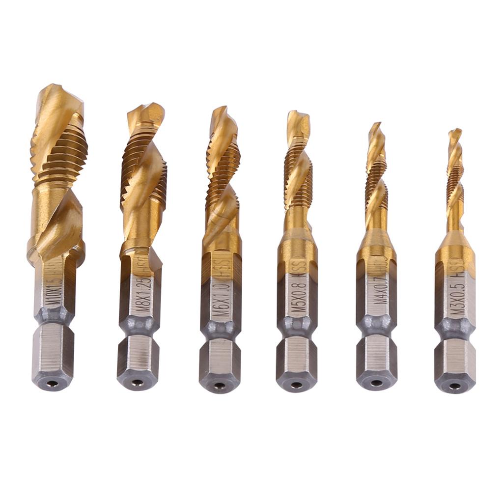 6pcs Metric Thread M3 M10 Titanium Coated HSS Drill and Tap Bits 1 4  Hex Shank