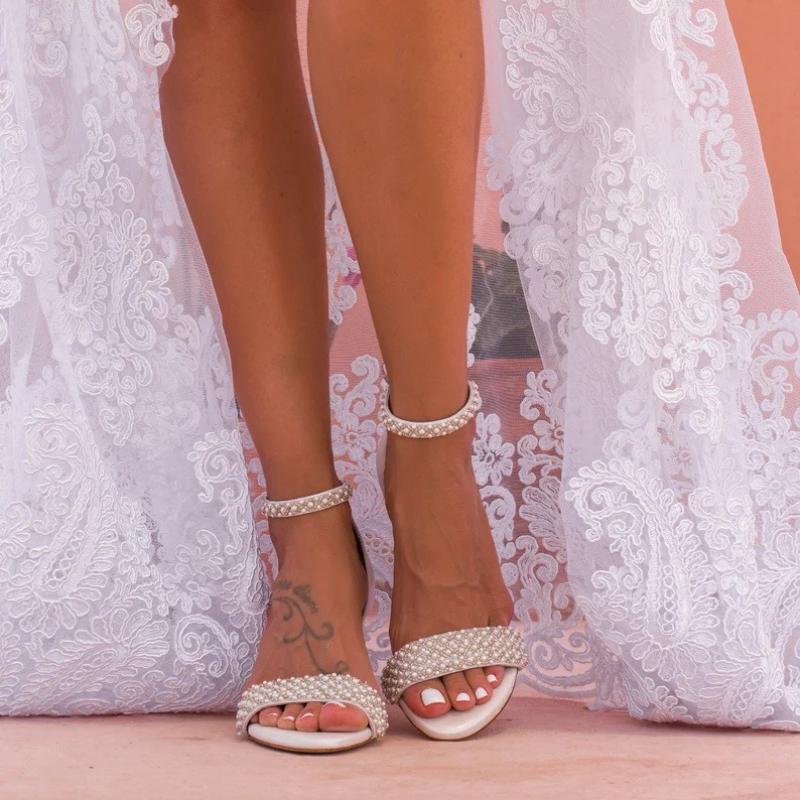 Fashion Chunky Heel White Bridal Sandals Round Toe Open Toe Pearl Single Strap Plus Size Women Shoes Fashion Wedding High Heel