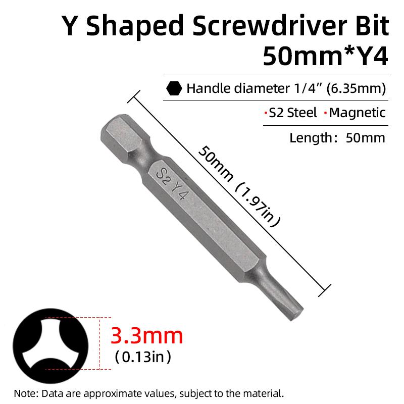Magnetischer Y-förmiger Schraubendreher-Bit-Satz für Fahrradreparaturwerkzeuge, 1/4 Zoll Sechskantschaft, Y4, Y5, Y6, Y8, 50 mm Schraubendreher-Bit, Handwerkzeug