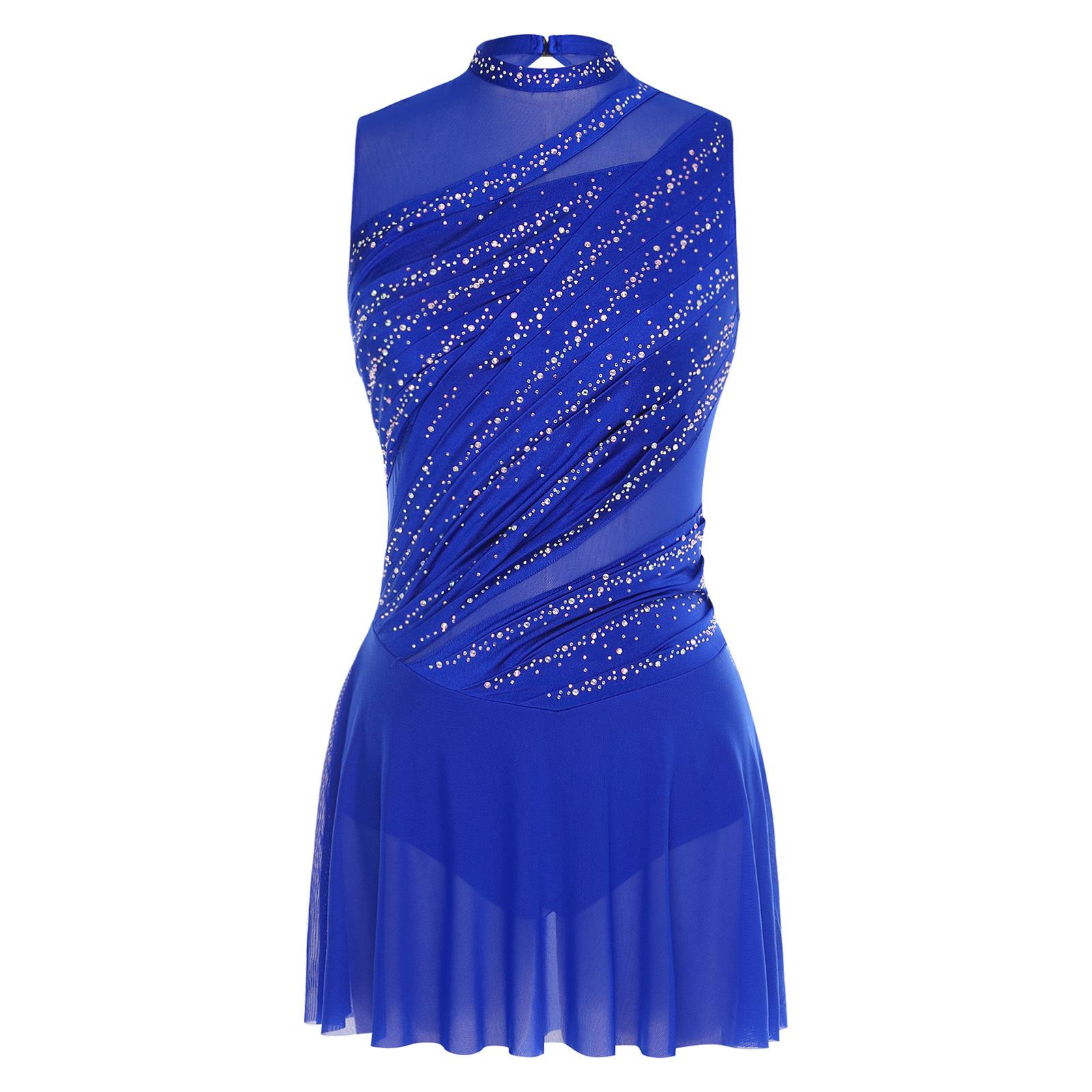Yunduantong-electronic Women Lyrical Dance Dress Round Collar Sleeveless Ruched Design Rhinestone Embellished Backless Performance Gown M
