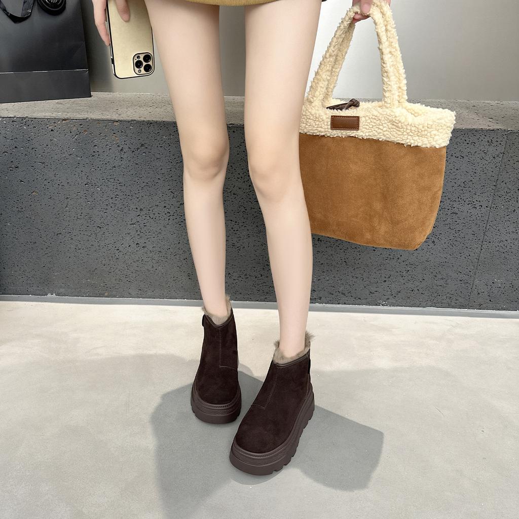 8 Small Fashionable Thick-soled Heightening Leather Snow Boots for Women's 2025 Winter New Velvet Thermal Short Boots