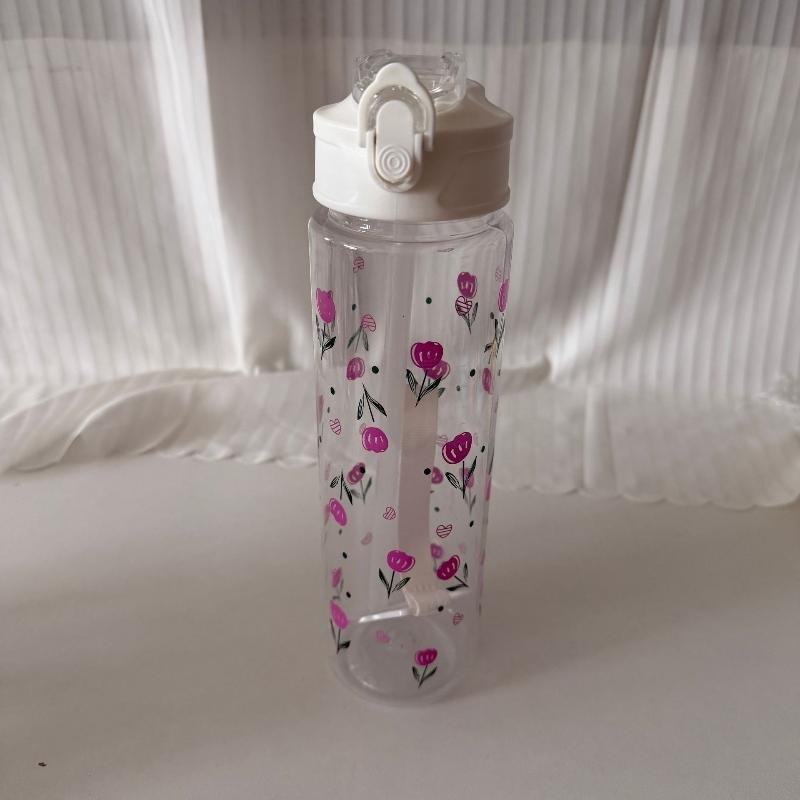 750Ml White Water Bottle Full Printed Cartoon Strawberry Bow Flower Fade Resistant Leakproof Reusable Stylish Cup For Sports