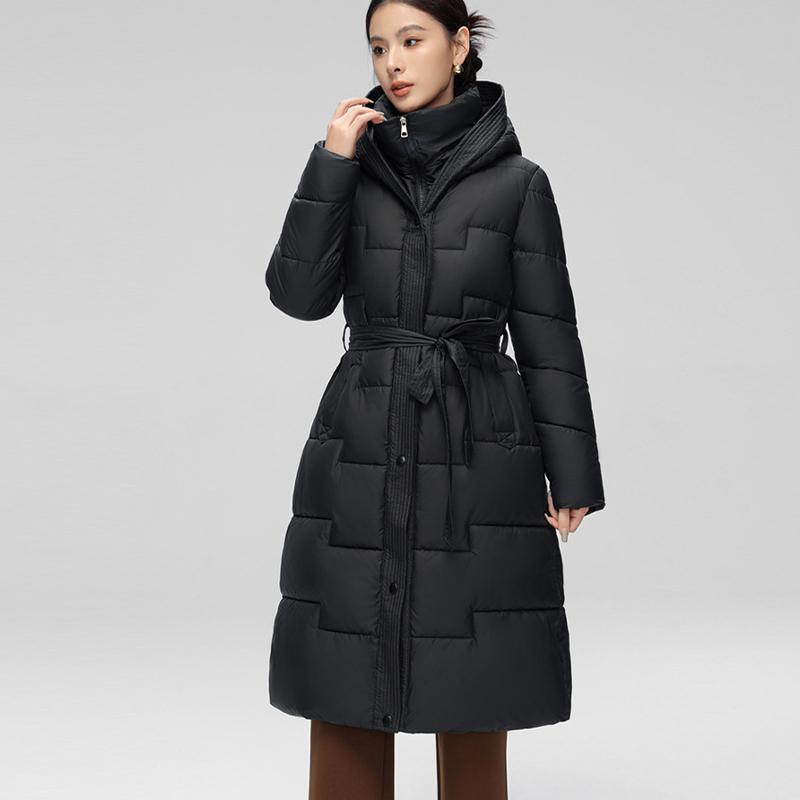Vinter Dam Lång Dunbomullsjacka med Bälte Tjock Varm Lyxig Slim Huva Parka Kappa