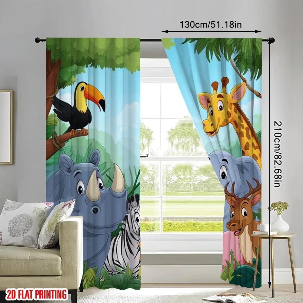 Set Of 2 Jit Cartoon Animals Printed Curtains Polyester Kids Room Window Decor Curtain Darkening With Rod Pocket Ideal For