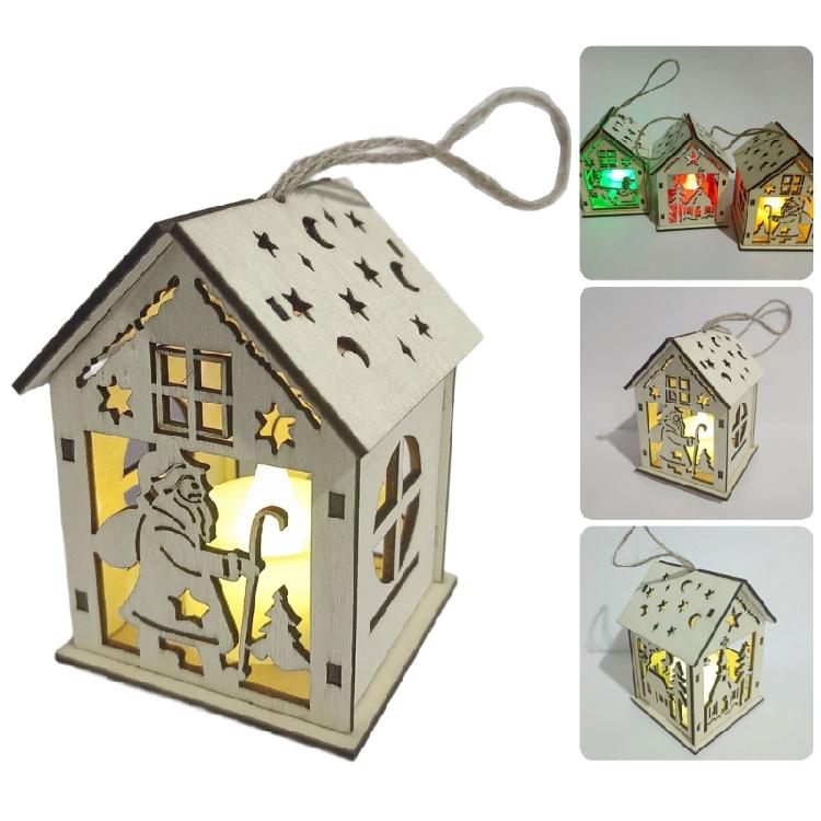Multicolored LED Light Up Wooden Christmas Cabin Ornament for Tree Decorating Party Homes Decoration