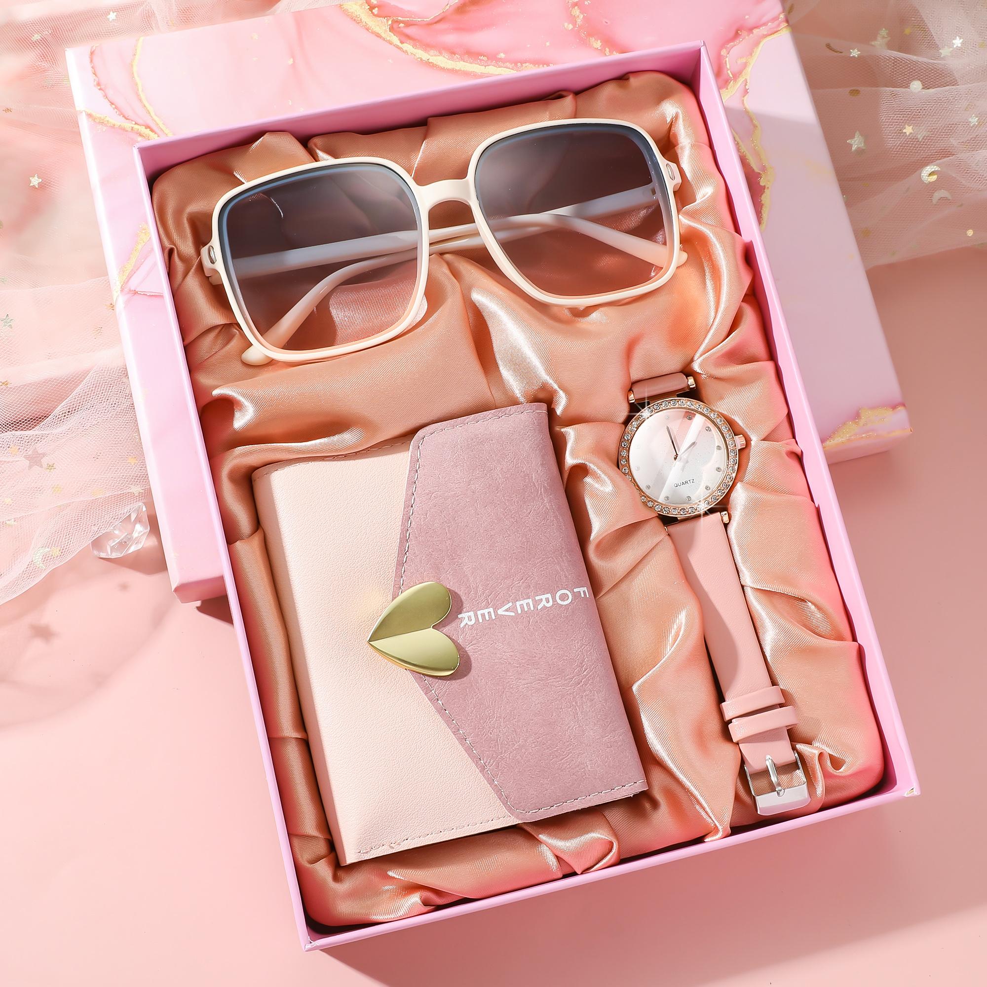 

Ladies new simple and fresh diamond-inlaid leather belt watch wallet sunglasses three-piece gift box set розовый