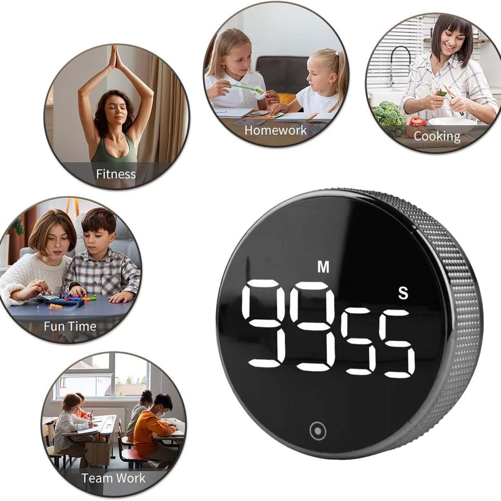 Digital Kitchen Timer Pomodoro Timer Rotating Dial Count Up Down with Magnetic Back 3 Preset Times Large LED Display