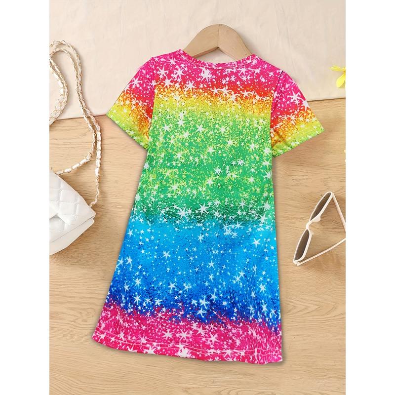 Girls Chic Color Block Unicorn Print Short Sleeve T-Shirt Dress Casual Dresses Summer Outwear